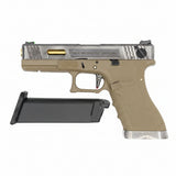 WE - Glock 18C T4 Gas Blow Back Pistol - Silver Slide / Gold Barrel / FDE Frame