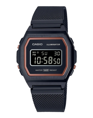 CASIO VINTAGE PREMIUM ALARM, S/WATCH, WR BLK W/ RED ACCENT - S/STEEL