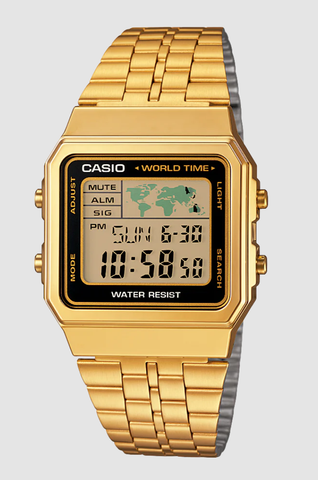 CASIO CLASSIC DIGITAL WORLD MAP 50M WR, WORLD MAP GOLD