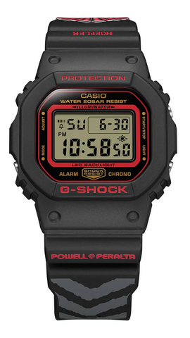 G SHOCK DIGITAL POWELL PERALTA X KELVIN S/W, ALARM, 200M WR, BLACK W/ RED FACE, RESIN BAND