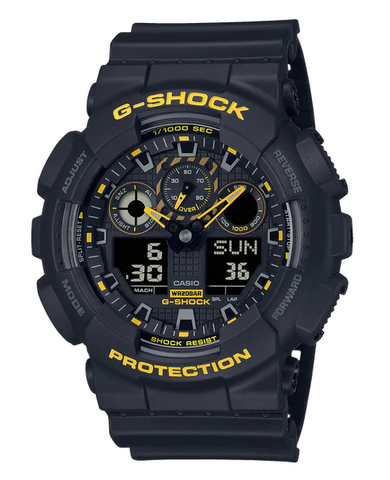 G SHOCK DUO CAUTION BLK&YLW W/TIME, ALARM, 200M WR, BLK RESIN BAND