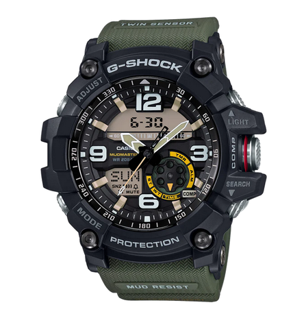 G SHOCK MUDMASTER TWIN SENSOR MUD RESIST, 200M W/R, THERMO, RESIN STRAP, BLACK/GREEN