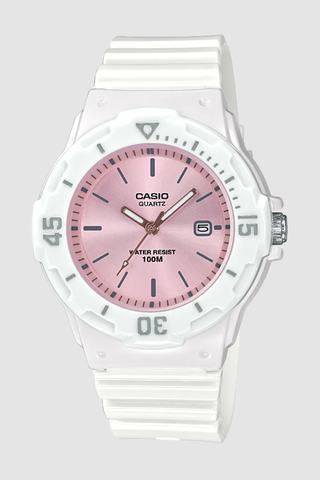CASIO ANALOGUE LRW200H-4E3 DATE DISPLAY PINK FACE, WHITE